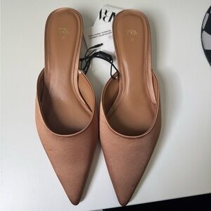 Zara Women's Brown Satin Pointed-Toe Mules
